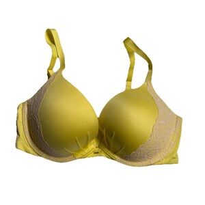 Victoria's Secret Fabulous Yellow Plunge Bra 34D Sexy Lace Rhinestones Push-Up